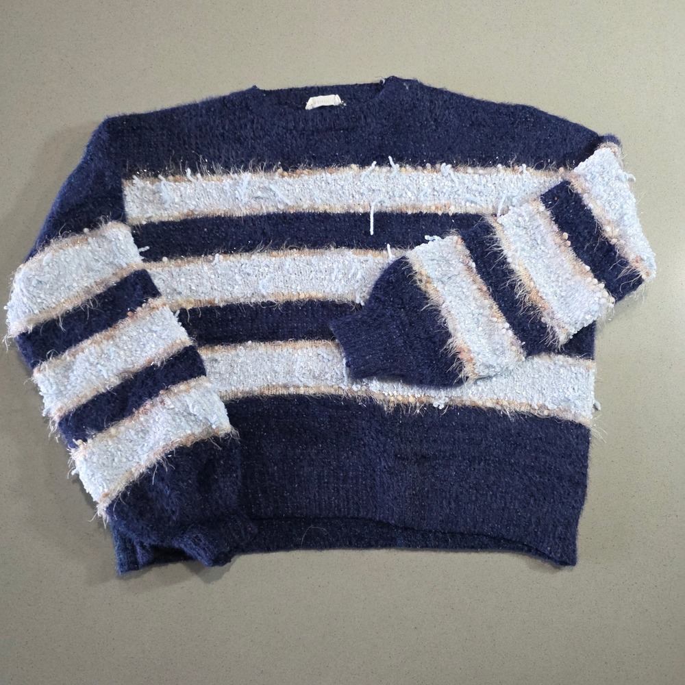 Adora Navy Blue Light Blue Striped Fuzzy Eyelash Knit Sweater Women Size L